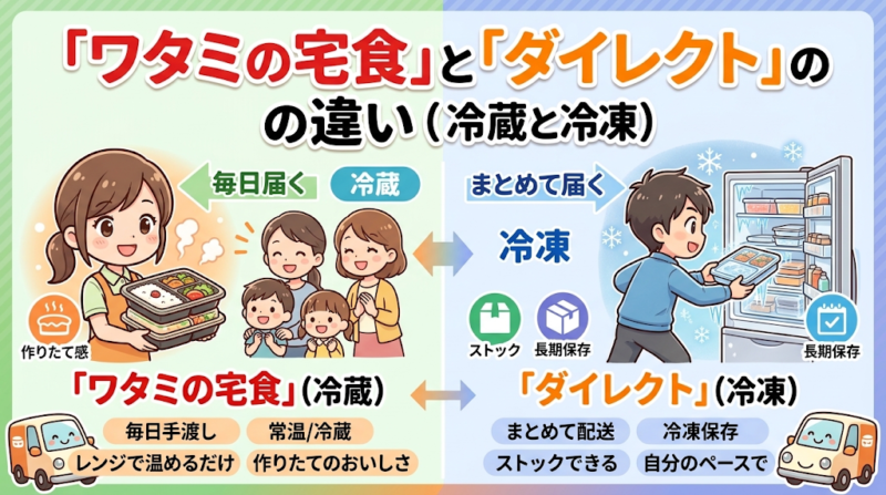 ワタミの宅食(冷蔵)とダイレクト(冷凍)の違いを表すイメージ