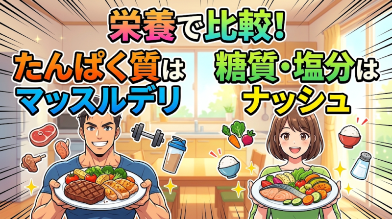 マッスルデリとナッシュのたんぱく質と糖質を比較するイメージ